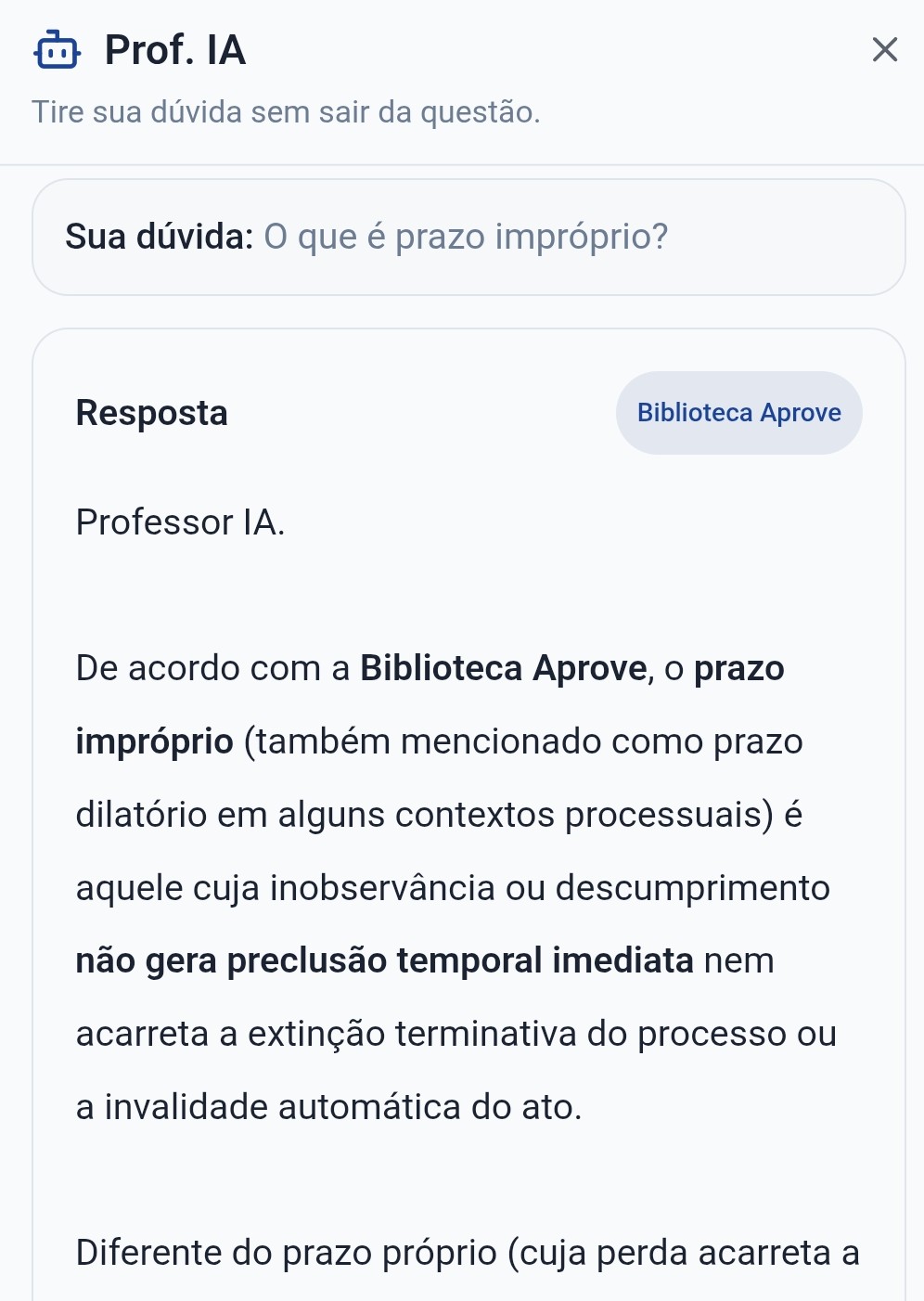 Tela real do Professor IA dentro do Aprove Questões respondendo uma dúvida sobre prazo impróprio