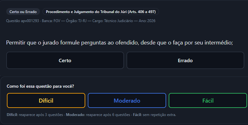 Captura real de um flashcard Certo ou Errado dentro do Aprove Questões, com avaliação de dificuldade