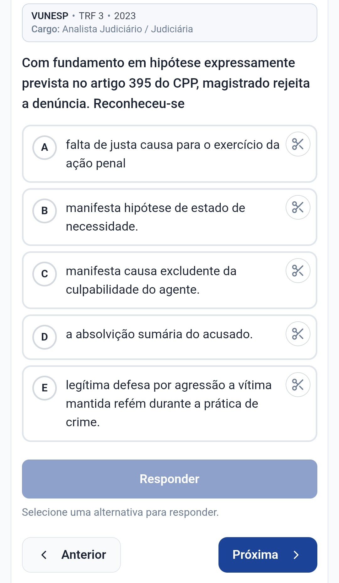 Captura real de uma questão de banca dentro do Aprove Questões, com alternativas e botão Responder