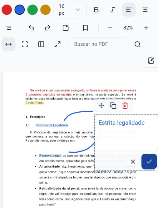 Captura real da apostila inteligente do Aprove Questões, com marcações e anotações sobre o texto